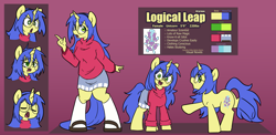 Size: 4423x2160 | Tagged: safe, artist:spheedc, oc, oc only, oc:logical leap, pony, unicorn, anthro, unguligrade anthro, anthro oc, anthro with ponies, clothes, cutie mark, female, glasses, hairband, pointing, reference sheet, sandals, skirt, socks, sweater, vase