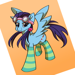 Size: 2000x2000 | Tagged: safe, artist:artevi, pegasus, pony, atg 2023, clothes, female, goggles, goggles on head, hay lin, high res, mare, newbie artist training grounds, ponified, socks, solo, spread wings, w.i.t.c.h., wings