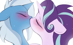 Size: 1728x1080 | Tagged: safe, artist:amo, starlight glimmer, trixie, pony, unicorn, g4, animatic, blushing, bust, cropped, duo, duo female, eyes closed, female, kiss on the lips, kissing, lesbian, lgbt, mare, ship:startrix, shipping, simple background, white background