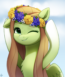 Size: 1500x1790 | Tagged: safe, artist:luminousdazzle, oc, oc only, oc:lumina, pegasus, pony, bust, chest fluff, colored wings, female, floppy ears, floral head wreath, flower, flower in hair, freckles, gradient hooves, gradient wings, green eyes, grin, long mane, looking up, mare, midsummer, one ear down, one eye closed, pegasus oc, sky, smiling, solo, wings, wreath