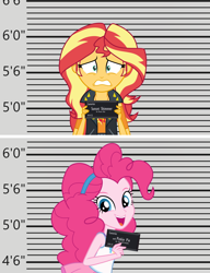 Size: 2300x3000 | Tagged: safe, artist:lightning_musicwave_safe, pinkie pie, sunset shimmer, human, equestria girls 10th anniversary, equestria girls, g4, my little pony equestria girls: better together, barbie, barbie (film), barbie mugshot meme, clothes, female, high res, meme, mugshot, name, show accurate