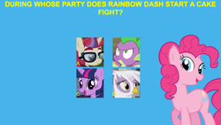 Size: 1920x1080 | Tagged: safe, anonymous editor, edit, edited screencap, screencap, gilda, moondancer, pinkie pie, spike, twilight sparkle, alicorn, dragon, earth pony, griffon, pony, unicorn, g4, blue background, female, glasses, mare, question, simple background, twilight sparkle (alicorn), winged spike, wings