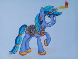 Size: 2560x1920 | Tagged: safe, artist:danatron1, derpibooru exclusive, oc, oc only, oc:spark bug, earth pony, pony, twittermite, artificial horn, earth pony oc, female, fire, liquid rainbow, machinery, mare, raised hoof, runes, solo, steampunk, traditional art