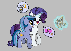 Size: 1313x942 | Tagged: safe, artist:danatron1, rarity, oc, oc:spark bug, earth pony, pony, unicorn, g4, bow, conversation, digital art, duo, female, gold, gray background, mare, simple background, speech bubble