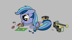Size: 1920x1080 | Tagged: safe, artist:danatron1, derpibooru exclusive, oc, oc only, oc:spark bug, earth pony, pony, clothes, digital art, earth pony oc, female, filly, foal, gray background, hard hat, hat, lego, rubik's cube, simple background, solo, toy, younger