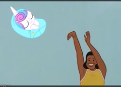 Size: 691x500 | Tagged: safe, artist:joan cornellà, edit, princess flurry heart, alicorn, human, g4, baby, dark comedy, eyes closed, female, filly, foal, horn, imgflip, meme, sleeping, throwing, yeet, yeet the child