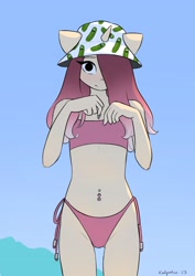 Size: 2480x3508 | Tagged: safe, artist:katputze, oc, oc only, oc:crimson sunset, unicorn, anthro, belly button, belly piercing, bikini, breasts, clothes, delicious flat chest, female, hair over one eye, hat, high res, looking at you, mare, pickle rick, piercing, pink bikini, seashell, signature, solo, swimsuit