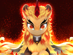 Size: 2400x1800 | Tagged: safe, artist:darksly, kirin, anime, atg 2023, clothes, demon slayer, fire, looking at you, newbie artist training grounds, ponified, rengoku kyojuro, rengoku kyōjurō, smiling, smiling at you, solo