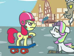 Size: 1800x1350 | Tagged: safe, artist:flutterluv, part of a set, apple bloom, coconut cream, discord, draconequus, earth pony, pony, seapony (g4), g4, atg 2023, helmet, newbie artist training grounds, scooter, seaponified, species swap, trio