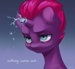 Size: 2181x2000 | Tagged: safe, artist:hirichie, tempest shadow, pony, unicorn, g4, my little pony: the movie, crying, cute, female, foal, gradient background, high res, sad, solo, text