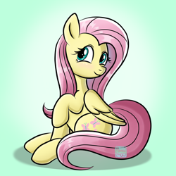 Size: 2200x2200 | Tagged: safe, artist:marakoru_luv, fluttershy, pegasus, pony, g4, blushing, cute, female, folded wings, gradient background, high res, looking at you, mare, shyabetes, sitting, smiling, smiling at you, solo, wings