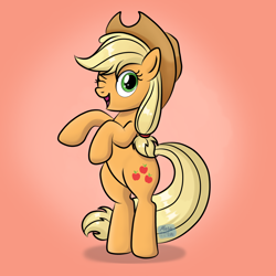 Size: 2200x2200 | Tagged: safe, artist:marakoru_luv, applejack, earth pony, pony, g4, applejack's hat, bipedal, cowboy hat, cute, female, gradient background, hat, high res, jackabetes, looking at you, mare, one eye closed, open mouth, open smile, smiling, smiling at you, solo, wink, winking at you
