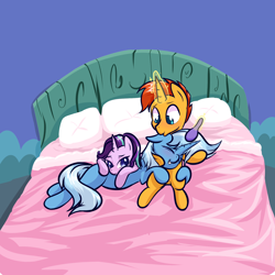 Size: 1752x1752 | Tagged: safe, artist:magician-horse, starlight glimmer, sunburst, trixie, pony, unicorn, g4, bed, bisexual, brush, brushie, brushing, convenient trixie, cuddling, eyes closed, featured image, female, floppy ears, hairbrush, happy, lesbian, magic, magic aura, male, mare, missing accessory, on bed, pampering, pillow, polyamory, ship:starburst, ship:startrix, ship:startrixburst, ship:trixburst, shipping, smiling, stallion, straight, sunburst gets all the mares, telekinesis, trio