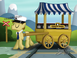 Size: 3264x2448 | Tagged: safe, artist:tidmouthmilk12, oc, oc:tidmouth milk, earth pony, pony, atg 2023, cart, hat, high res, milk, necktie, newbie artist training grounds, railroad, signature, solo, this will end in pain, this will end in tears, whistling