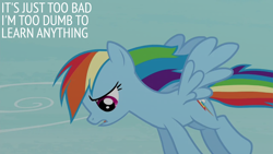 Size: 2000x1125 | Tagged: safe, edit, edited screencap, editor:quoterific, screencap, rainbow dash, pegasus, pony, g4, testing testing 1-2-3, flying, sad, solo