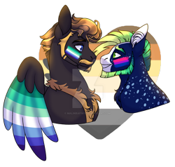 Size: 1280x1216 | Tagged: safe, artist:malinraf1615, oc, oc only, oc:daredevil, oc:lucky toss, earth pony, pegasus, pony, bear pride flag, bisexual pride flag, deviantart watermark, gay, gay pride flag, male, obtrusive watermark, pride, pride flag, simple background, stallion, transparent background, vincian pride flag, watermark