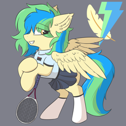 Size: 1500x1500 | Tagged: safe, artist:hcl, oc, oc only, oc:hcl, pegasus, pony, clothes, ear cleavage, female, female oc, gray background, mare, pegasus oc, pony oc, simple background, skirt, solo, spread wings, tennis racket, wings