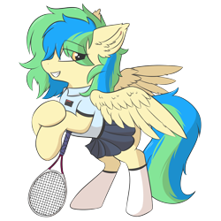 Size: 1500x1500 | Tagged: safe, alternate version, artist:hcl, oc, oc only, oc:hcl, pegasus, pony, clothes, ear cleavage, simple background, skirt, solo, spread wings, tennis racket, transparent background, wings