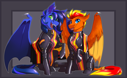 Size: 7296x4500 | Tagged: safe, artist:parrpitched, oc, oc only, oc:fireheart(fire), oc:guard cobalt flash, bat pony, pony, bat pony oc, clothes, duo, fireheart76's latex suit design, latex, latex socks, latex suit, male, pride, pride flag, prisoners of the moon, rubber, rubber pride, rubber suit, socks