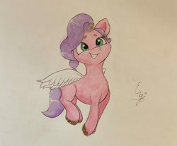 Size: 1806x1497 | Tagged: safe, artist:engi, pipp petals, pegasus, pony, g5, crown, cute, female, hopping, jewelry, pronking, regalia, simple background, smiling, solo, spread wings, traditional art, watercolor painting, wings