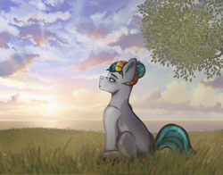 Size: 3000x2350 | Tagged: safe, artist:zarioly, oc, earth pony, pony, commission, full body, high res, horns, lake, male, sfw version, solo, summer, sun, sunset, water