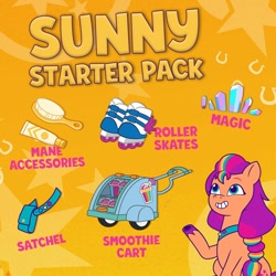 Size: 1080x1080 | Tagged: safe, sunny starscout, earth pony, pony, g5, my little pony: tell your tale, official, brush, crystal, drink, female, grin, mane stripe sunny, mare, pins, roller skates, satchel, skates, smiling, smoothie, solo, starter pack, text