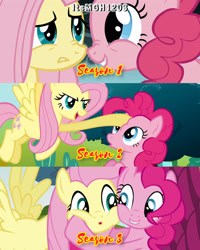 Size: 2458x3072 | Tagged: safe, edit, edited screencap, editor:itsmgh1203, screencap, fluttershy, pinkie pie, earth pony, pegasus, pony, dragonshy, g4, putting your hoof down, season 1, season 2, season 3, too many pinkie pies, :o, boop, cute, diapinkes, duo, duo female, female, flying, high res, mare, nose to nose, noseboop, open mouth, open smile, shyabetes, smiling, spread wings, text, wings