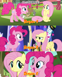 Size: 2458x3072 | Tagged: safe, edit, edited screencap, editor:itsmgh1203, screencap, fluttershy, pinkie pie, earth pony, mouse, pegasus, pony, rabbit, buckball season, castle sweet castle, filli vanilli, g4, season 4, season 5, season 6, animal, duo, duo female, female, frown, high res, mare, open mouth, open smile, smiling, text, twilight's castle