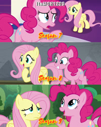 Size: 2458x3072 | Tagged: safe, edit, edited screencap, editor:itsmgh1203, screencap, fluttershy, pinkie pie, earth pony, pegasus, pony, 2 4 6 greaaat, g4, horse play, not asking for trouble, season 7, season 8, season 9, duo, duo female, female, frown, grin, high res, mare, open mouth, open smile, smiling, text, twilight's castle