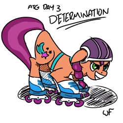 Size: 3000x3000 | Tagged: safe, artist:pegasus_brain, sunny starscout, earth pony, pony, g5, atg 2022, determination, face down ass up, female, high res, mare, newbie artist training grounds, roller skates, simple background, skates, solo, text, white background