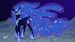 Size: 1920x1080 | Tagged: safe, artist:toshimatsu, derpibooru exclusive, nightmare moon, alicorn, pony, g4, armor, female, horn, mare, moon, night, solo, stars, wings