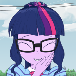 Size: 1500x1500 | Tagged: safe, artist:lef-fa, sci-twi, twilight sparkle, human, equestria girls, g4, my little pony equestria girls: better together, my little shop of horrors, cute, eyes closed, giggling, glasses, hand, hand on face, nails, reference, sci-twiabetes, sky background, solo, twiabetes