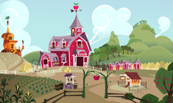Size: 9197x5517 | Tagged: safe, g4, official, .svg available, absurd resolution, apple, apple tree, background, barn, building, cloud, farm, field, food, haystack, hill, no pony, plant, scenery, sky, stock vector, svg, sweet apple acres, sweet apple acres barn, tree, vector, well
