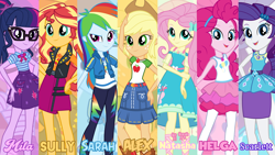 Size: 3410x1920 | Tagged: safe, artist:edy_january, editor:edy_january, applejack, fluttershy, pinkie pie, rainbow dash, rarity, sci-twi, sunset shimmer, twilight sparkle, human, series:romantic stories, equestria girls, g4, my little pony equestria girls: better together, alternate name, applejack's hat, cowboy hat, fluttershy boho dress, geode of empathy, geode of fauna, geode of shielding, geode of sugar bombs, geode of super speed, geode of super strength, geode of telekinesis, hat, humane five, humane seven, humane six, link in description, magical geodes, rarity peplum dress, real names, simple background, wallpaper
