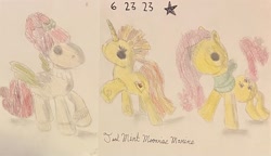 Size: 2246x1295 | Tagged: safe, artist:mlpfantealmintmoonrise, cherry jubilee, fluttershy, spitfire, oc, pegasus, pony, unicorn, g4, atg 2023, colored pencil drawing, crossover, horn, lalaloopsy, newbie artist training grounds, pegasus oc, pen drawing, pencil drawing, photo, signature, toy, traditional art, unicorn oc