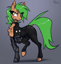 Size: 1520x1591 | Tagged: safe, artist:fenixdust, oc, oc only, oc:fokienia, cyborg, earth pony, pony, fanfic:cypress zero, clothes, fanfic, fanfic art, female, jumpsuit, mare, simple background, solo