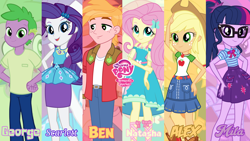 Size: 3410x1920 | Tagged: safe, anonymous artist, artist:edy_january, artist:georgegarza01, edit, editor:edy_january, part of a set, applejack, big macintosh, fluttershy, rarity, sci-twi, spike, twilight sparkle, human, series:romantic and jackass, series:romantic stories, series:sparity, equestria girls, equestria girls series, g4, alternate name, applejack's hat, butterfly hairpin, cowboy hat, fluttershy boho dress, geode of fauna, geode of shielding, geode of super strength, geode of telekinesis, glasses, hat, human spike, humanized, link in description, logo, logo edit, magical geodes, rarity peplum dress, real name, simple background, vector used, wallpaper