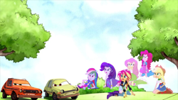 Size: 1704x959 | Tagged: safe, applejack, fluttershy, pinkie pie, rainbow dash, rarity, sunset shimmer, human, equestria girls, g4, my little pony equestria girls: friendship games, cars (pixar), cars 2, grass, grem and acer, humane five, scared