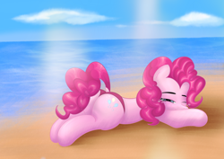 Size: 3508x2480 | Tagged: safe, artist:ericsson, pinkie pie, earth pony, pony, g4, balloonbutt, beach, beautiful, butt, clothes, colored, colorful, curls, curly hair, cutie, dock, high res, holiday, looking at you, lying down, nice, ocean, one eye closed, pink, pink hair, plot, prone, relaxing, resting, sand, solo, summer, sun, swimsuit, tail, vacation, water