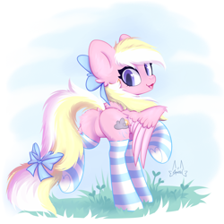 Size: 2048x2048 | Tagged: safe, artist:persikulka, oc, oc only, oc:bay breeze, pegasus, pony, bow, butt, clothes, cute, dock, featureless crotch, female, hair bow, heart, heart eyes, high res, looking at you, looking back, looking back at you, mare, ocbetes, open mouth, open smile, pegasus oc, plot, raised hoof, raised leg, smiling, smiling at you, socks, solo, striped socks, tail, tail bow, wingding eyes, wings
