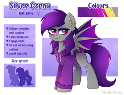 Size: 4034x3114 | Tagged: safe, artist:madelinne, oc, oc only, oc:silver cornu, bat pony, bat wings, clothes, hoodie, purple hair, reference sheet, size comparison, solo, spread wings, wings