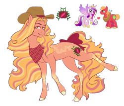 Size: 1578x1346 | Tagged: safe, artist:caliartshow, big macintosh, princess cadance, oc, unnamed oc, alicorn, earth pony, pony, g4, bandana, body freckles, bow, cadmac, cloven hooves, cowboy hat, earth pony oc, female, freckles, hat, heart, infidelity, lidded eyes, looking at you, male, male oc, mare, offspring, parent:big macintosh, parent:princess cadance, parents:cadmac, shipping, simple background, smiling, smiling at you, solo, stallion, straight, tail, tail bow, transparent background, unmoving plaid