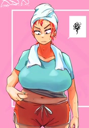 Size: 1400x2000 | Tagged: safe, artist:sozglitch, sunset shimmer, human, g4, annoyed, belly button, big breasts, breasts, busty sunset shimmer, chubby, clothes, female, frown, huge breasts, humanized, looking down, midriff, nail polish, shorts, solo, towel on head