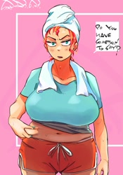 Size: 1400x2000 | Tagged: safe, artist:sozglitch, sunset shimmer, human, g4, annoyed, belly button, big breasts, breasts, busty sunset shimmer, chubby, clothes, dialogue, female, frown, huge breasts, humanized, implied weight gain, looking at you, midriff, nail polish, narrowed eyes, open mouth, pinch, pink background, shorts, simple background, solo, speech bubble, talking to viewer, towel on head