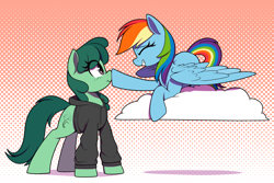 Size: 3000x2000 | Tagged: safe, artist:thebatfang, rainbow dash, oc, oc:green tea, earth pony, pegasus, pony, g4, blushing, boop, canon x oc, clothes, cloud, cute, duo, female, gradient background, high res, hoodie, looking at each other, looking at someone, noseboop, ocbetes