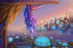 Size: 1200x790 | Tagged: safe, artist:zeepheru_pone, izzy moonbow, pony, unicorn, g5, atg 2023, building, city, cityscape, clothes, costume, female, fog, looking away, male, mare, marvel, newbie artist training grounds, profile, smiling, solo, spider-man, spider-man: across the spider-verse, spidermare, sunset, upside down, zephyr heights