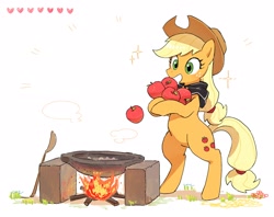 Size: 2900x2300 | Tagged: safe, artist:fuyugi, applejack, earth pony, pony, g4, apple, bipedal, campfire, cooking, female, fire, food, freckles, heart, high res, mare, open mouth, open smile, simple background, smiling, solo, sparkles, spoon, that pony sure does love apples, the legend of zelda, the legend of zelda: breath of the wild, white background