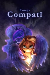 Size: 679x1024 | Tagged: safe, artist:ventious, princess luna, sunset shimmer, alicorn, pony, unicorn, g4, cover art, embrace, eyes closed, fanfic, fanfic art, fanfic cover, looking at you, shadows, spark
