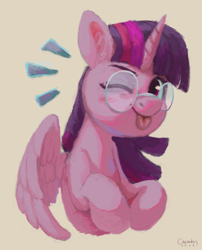 Size: 2178x2702 | Tagged: safe, artist:aemuhn, twilight sparkle, alicorn, pony, g4, ;p, beige background, blushing, cute, emanata, female, glasses, high res, looking at you, mare, one eye closed, round glasses, signature, simple background, smiling, smiling at you, solo, tongue out, twiabetes, twilight sparkle (alicorn), wink, winking at you