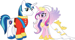 Size: 4176x2262 | Tagged: safe, part of a set, princess cadance, shining armor, alicorn, pony, unicorn, a canterlot wedding, g4, official, .svg available, clothes, dress, duo, female, male, mare, simple background, stallion, stock vector, svg, transparent background, uniform, vector, wedding dress